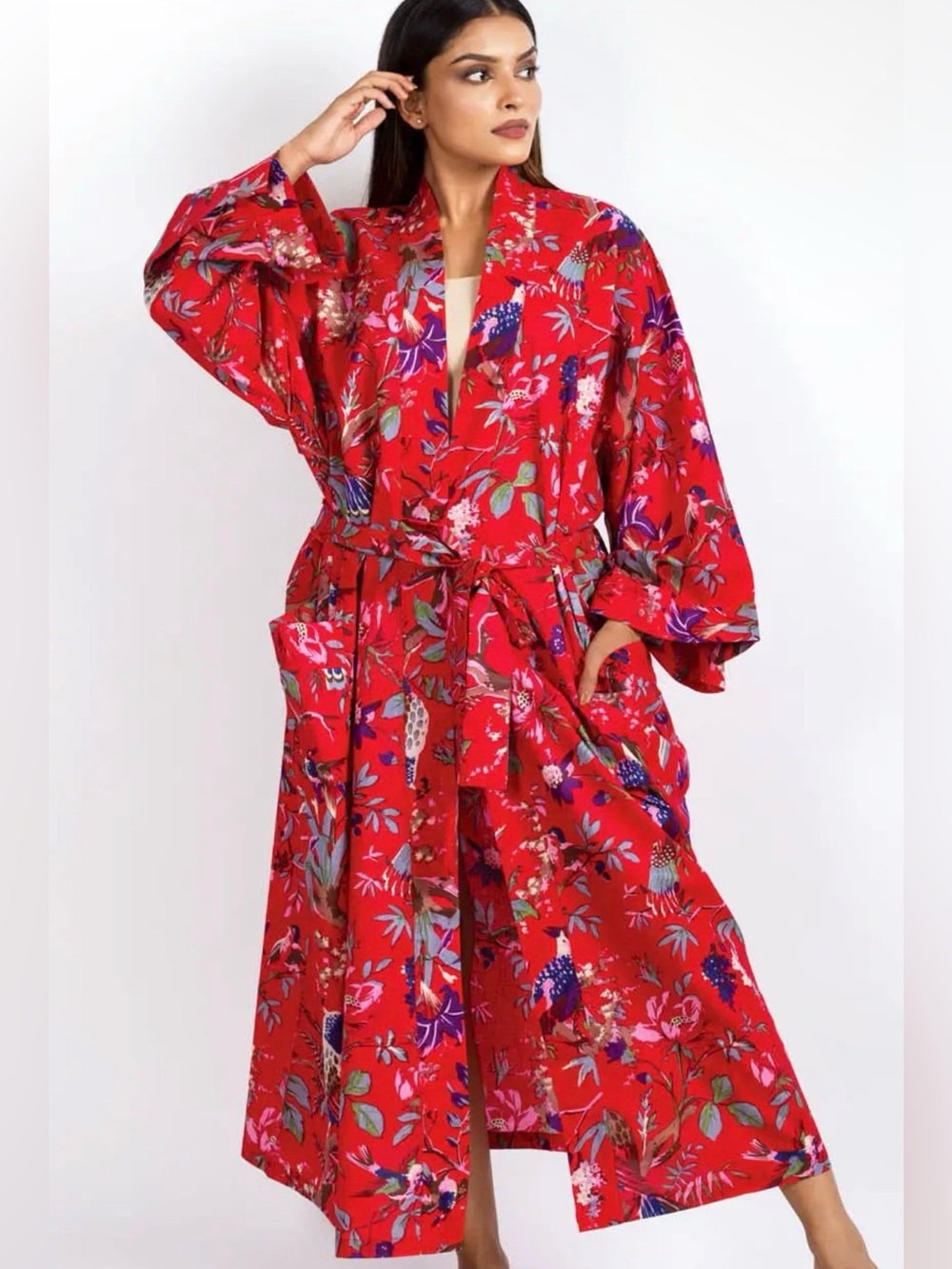 Red Bird Print Rani Printed Cotton Kimono Robe Made in India